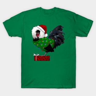 Black Polish Rooster In An Ugly Christmas Sweater And Santa Hat With Gift T-Shirt